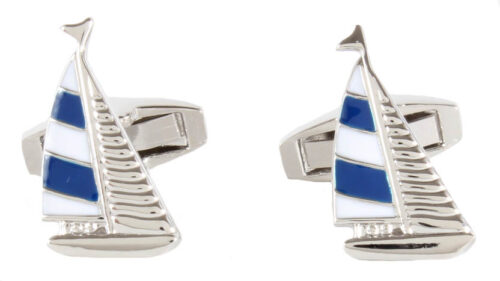 Blue and White Yacht Rhodium Plated Cufflinks