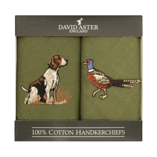 Pheasant & Hound Embroidered Green Cotton Handkerchiefs- Two Pack
