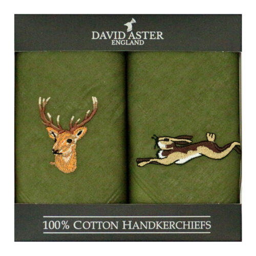 Stag & Hare Embroidered Green Cotton Handkerchiefs- Two Pack