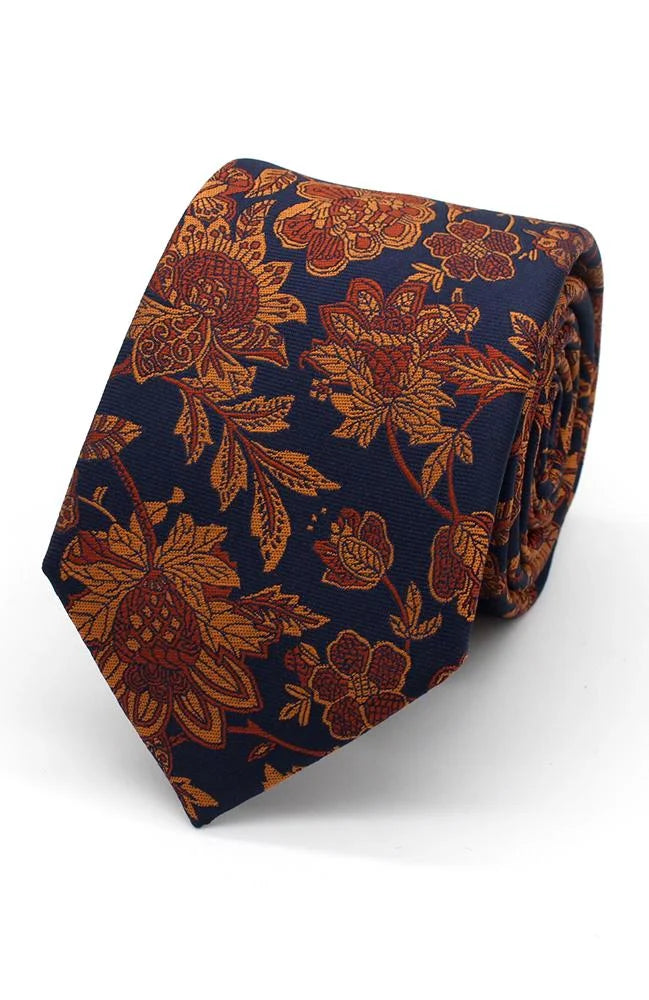 Bold Floral Tie Burnt orange on Navy