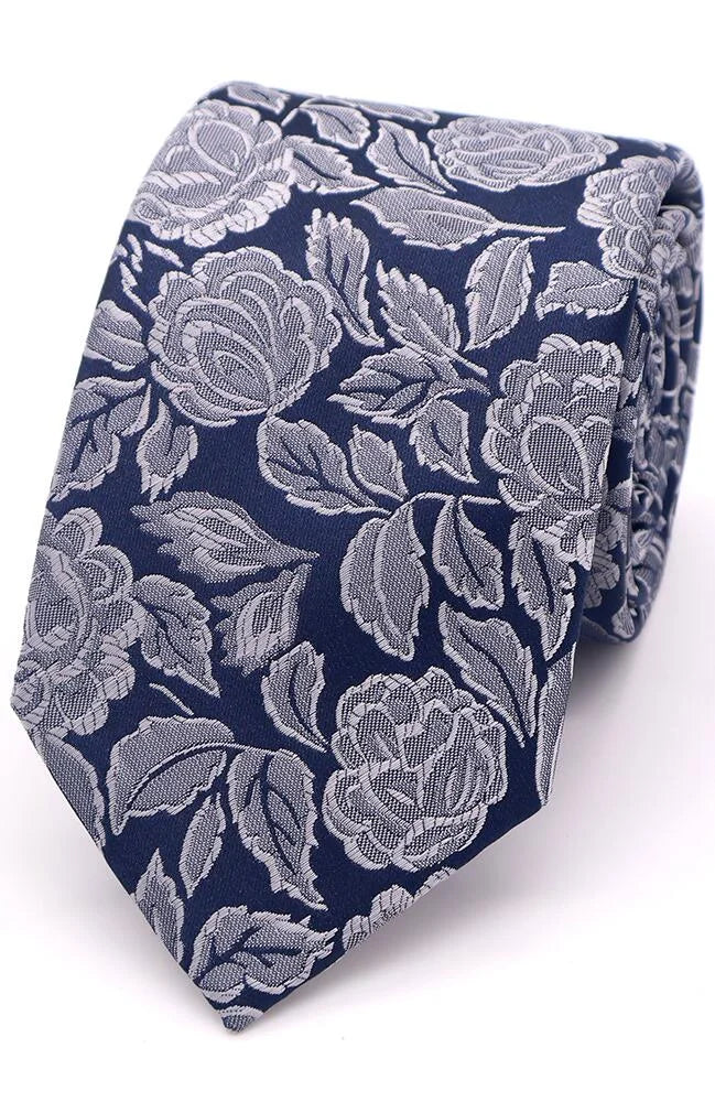 Textured Floral Tie - Silver on Navy