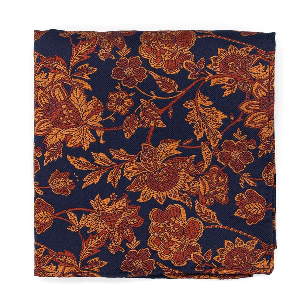 Bold Floral Pocket Square Burnt Orange on Navy