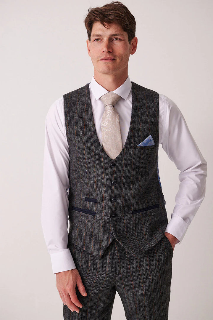 Marc Darcy Dominic Single Breasted Waistcoat- Blue Grey Tweed