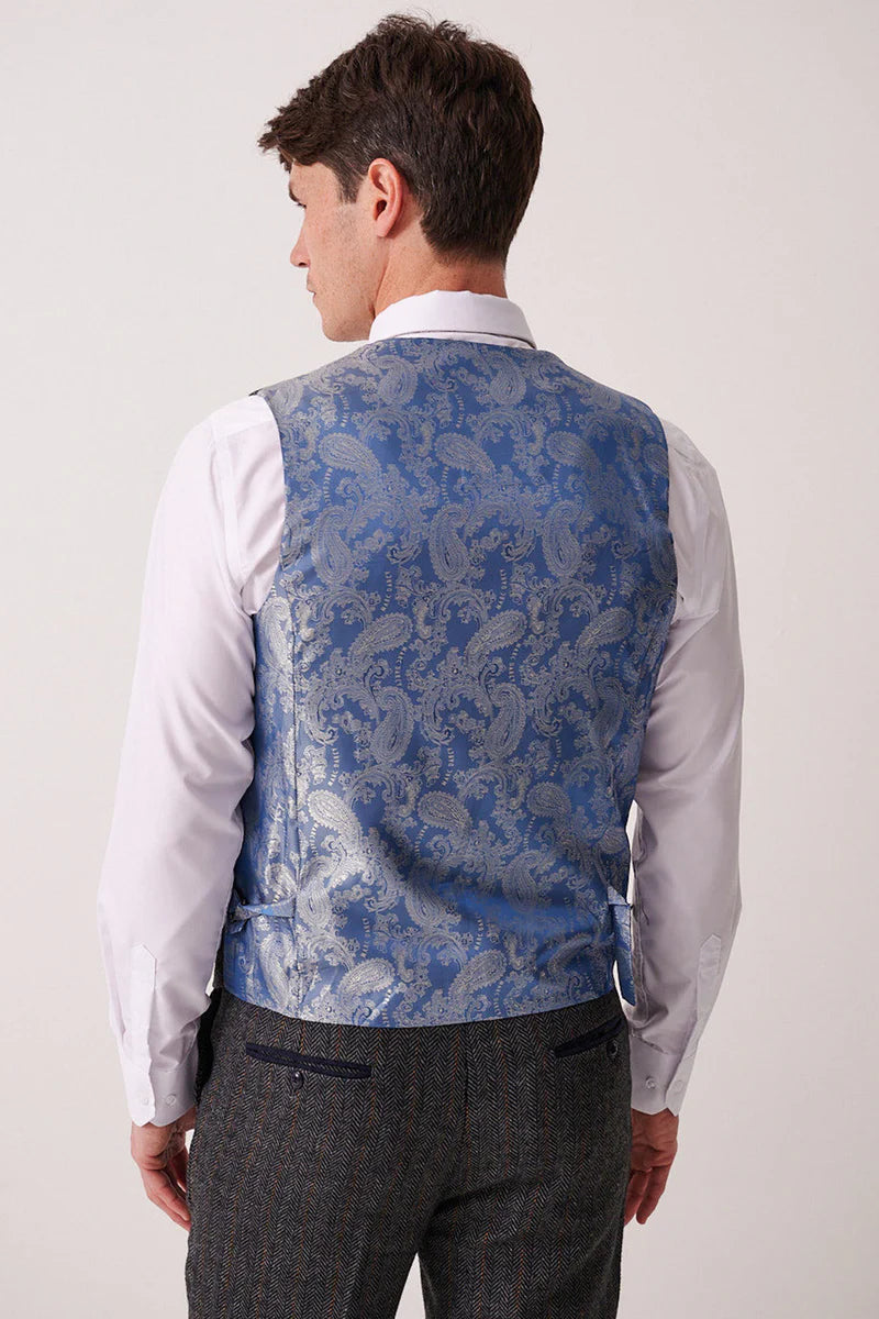 Marc Darcy Dominic Single Breasted Waistcoat- Blue Grey Tweed