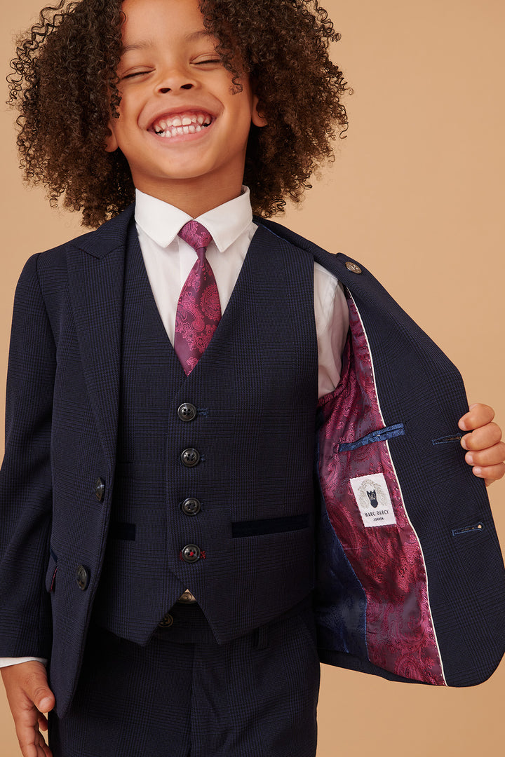 Marc Darcy Bromley Navy Check Boys Three Piece Suit