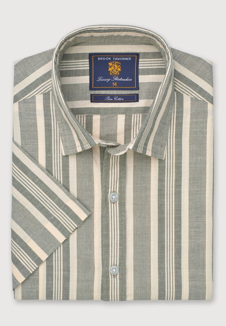 Brook Taverner Regular Fit Khaki Cotton Stripe Short Sleeve Shirt
