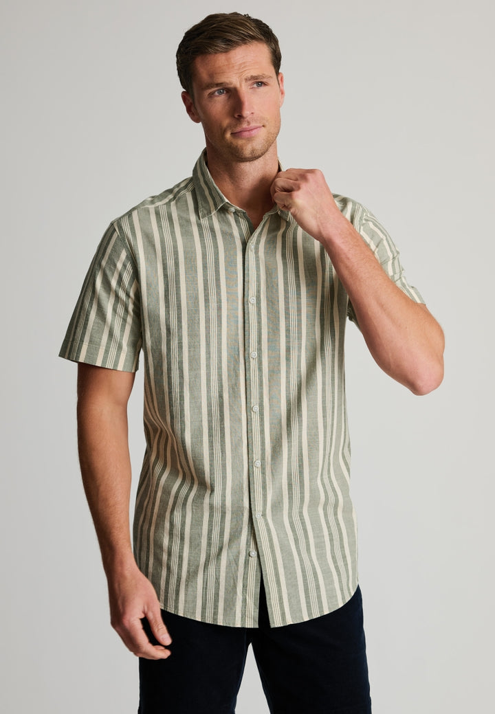 Brook Taverner Regular Fit Khaki Cotton Stripe Short Sleeve Shirt
