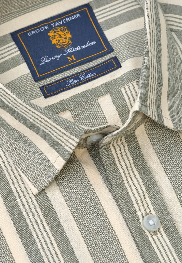 Brook Taverner Regular Fit Khaki Cotton Stripe Short Sleeve Shirt