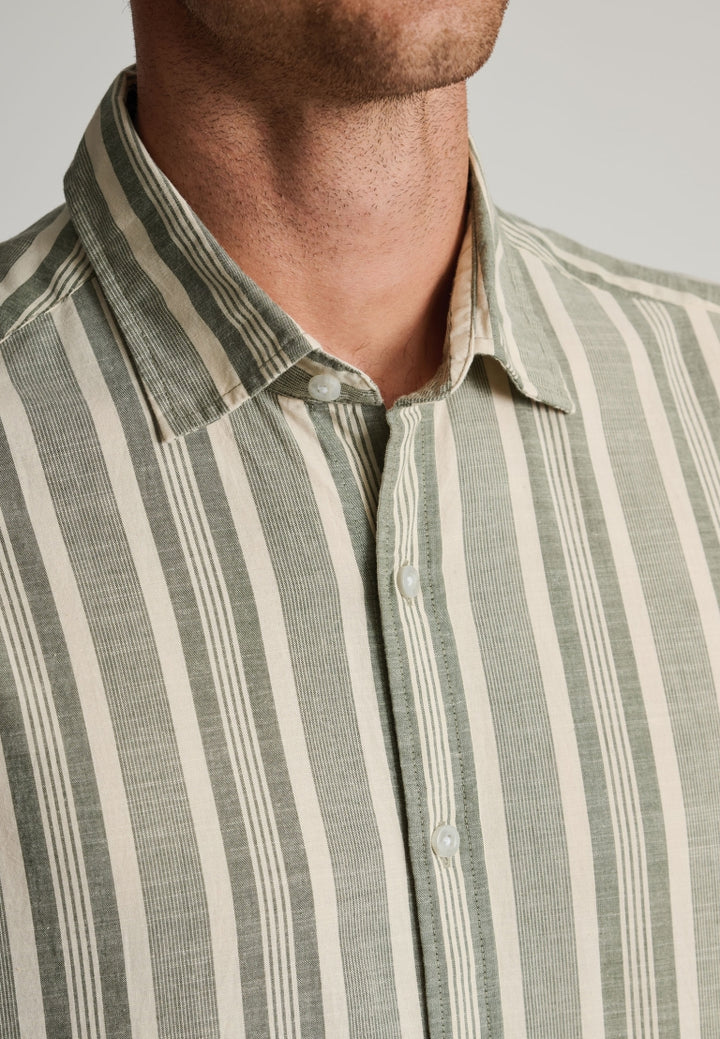 Brook Taverner Regular Fit Khaki Cotton Stripe Short Sleeve Shirt