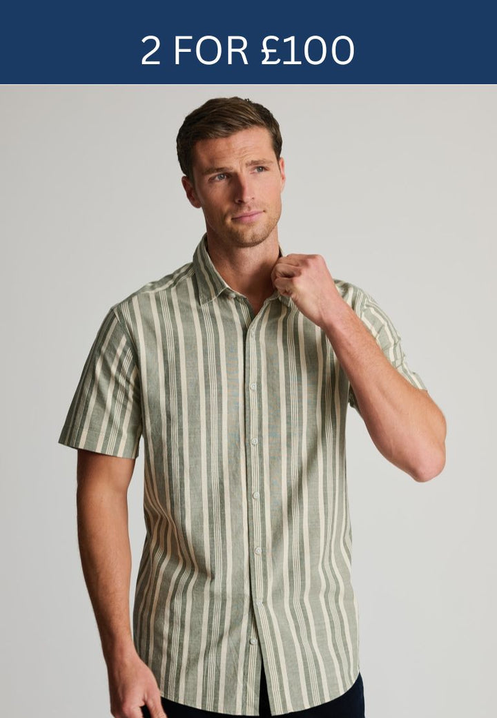 Brook Taverner Regular Fit Khaki Cotton Stripe Short Sleeve Shirt