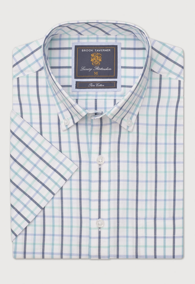 Brook Taverner Mint Tattersall Check Oxford Cotton Short Sleeve Shirt
