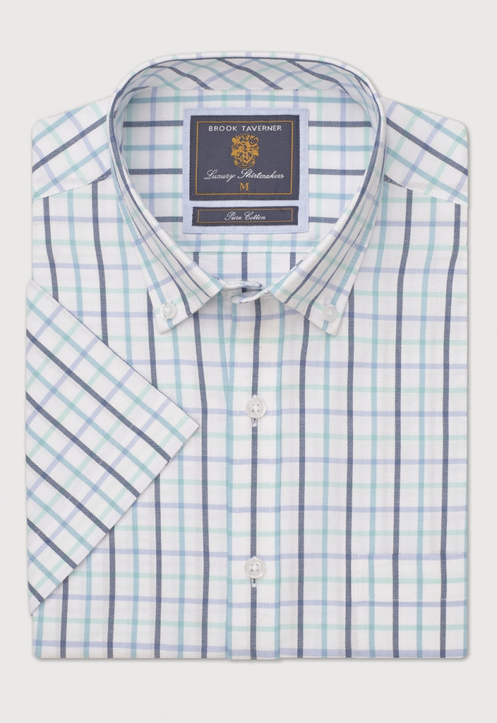 Brook Taverner Mint Tattersall Check Oxford Cotton Short Sleeve Shirt