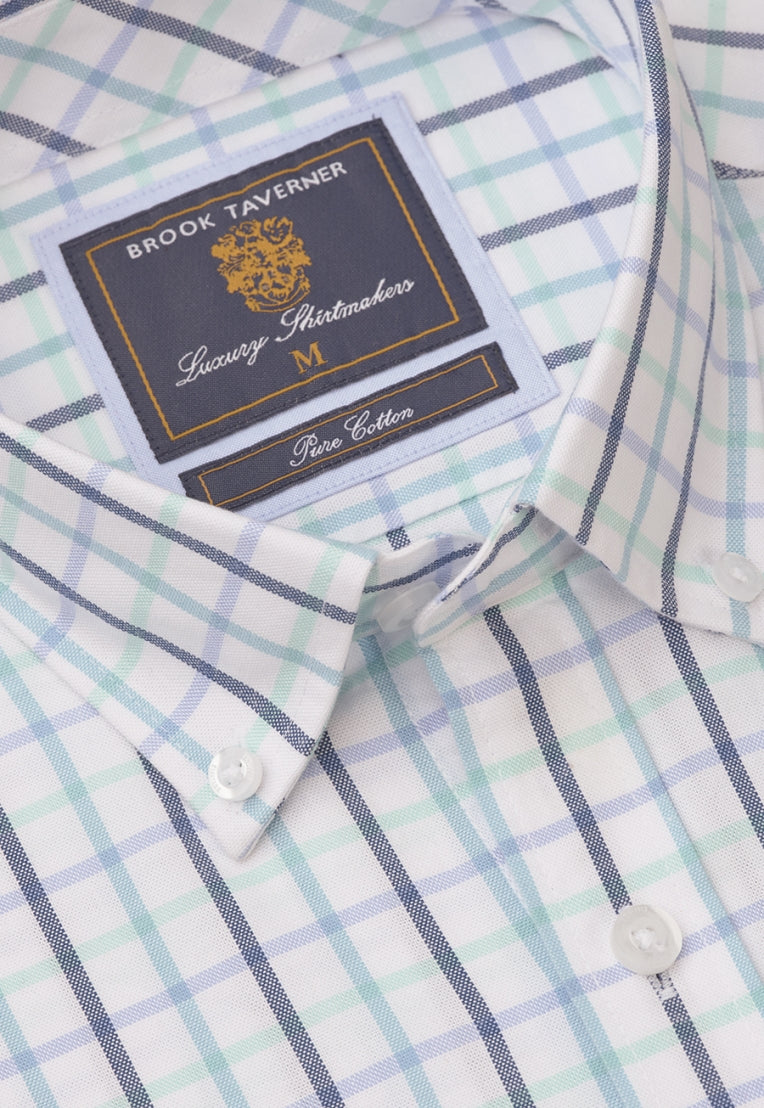 Brook Taverner Mint Tattersall Check Oxford Cotton Short Sleeve Shirt