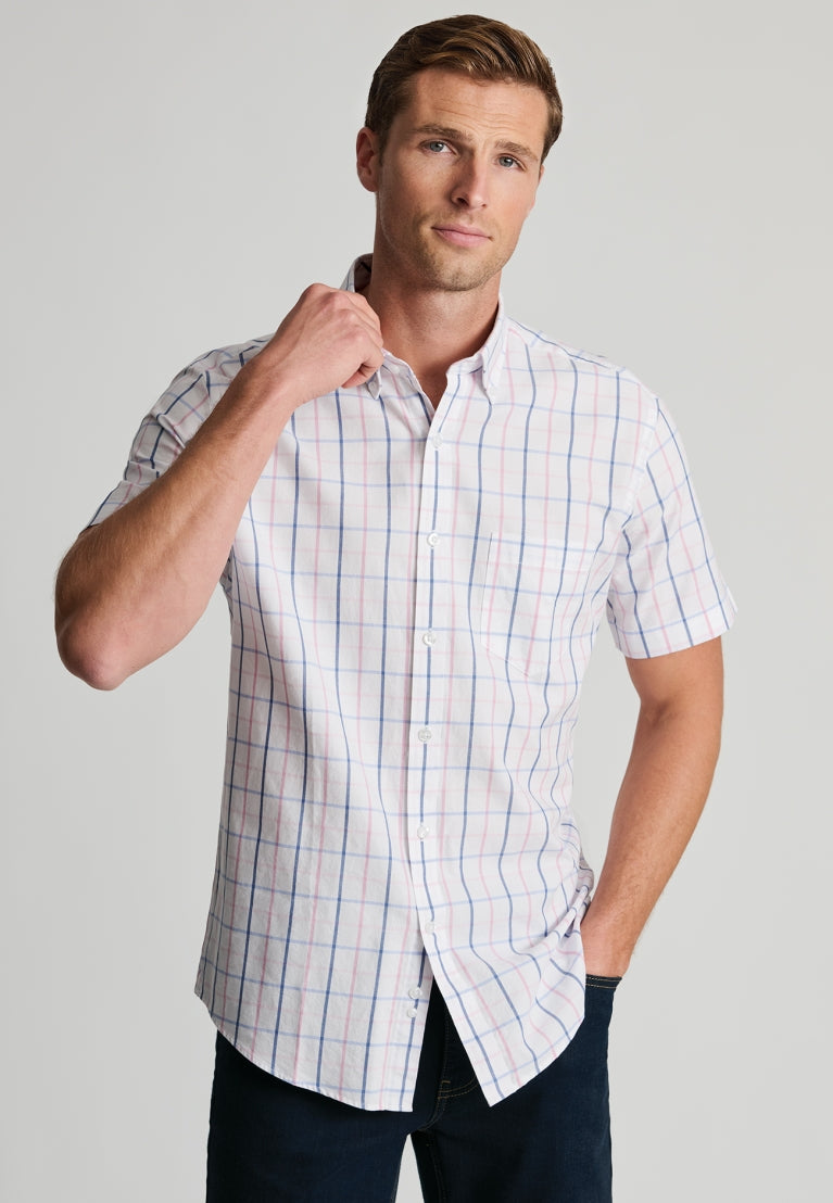 Brook Taverner Pink Tattersall Check Oxford Cotton Short Sleeve Shirt