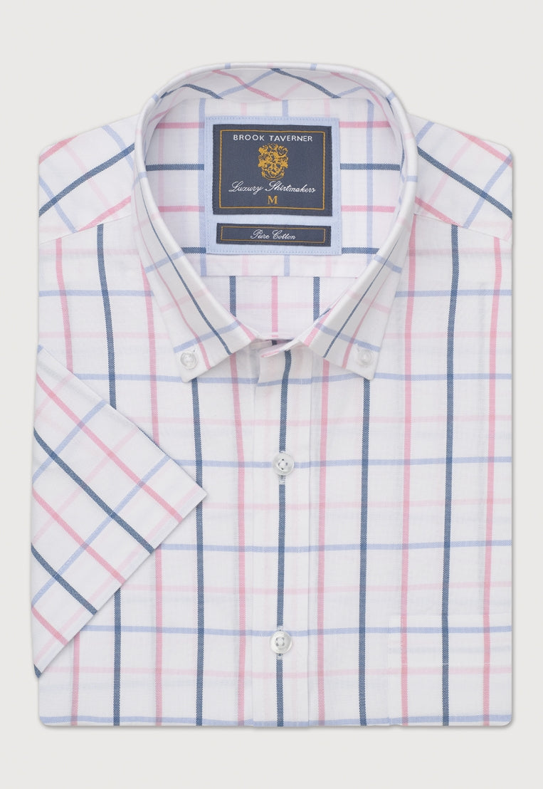 Brook Taverner Pink Tattersall Check Oxford Cotton Short Sleeve Shirt