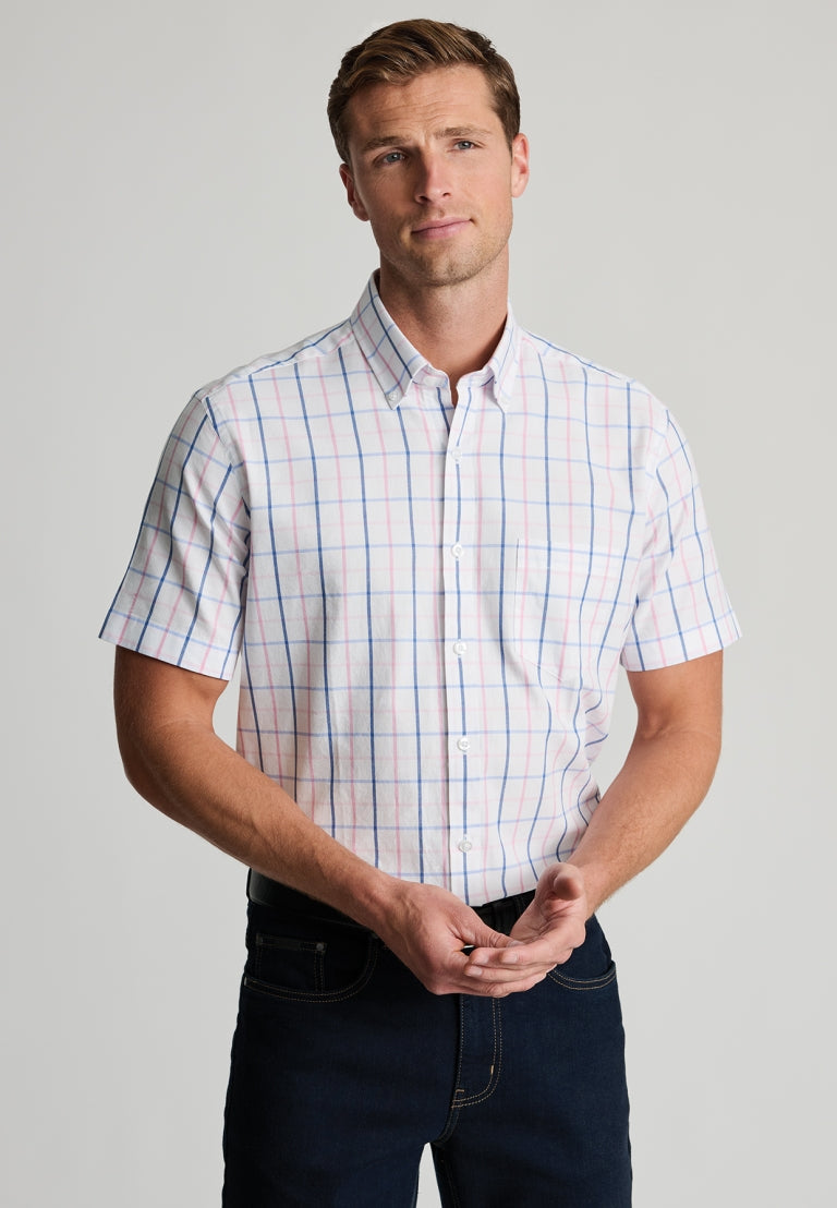 Brook Taverner Pink Tattersall Check Oxford Cotton Short Sleeve Shirt