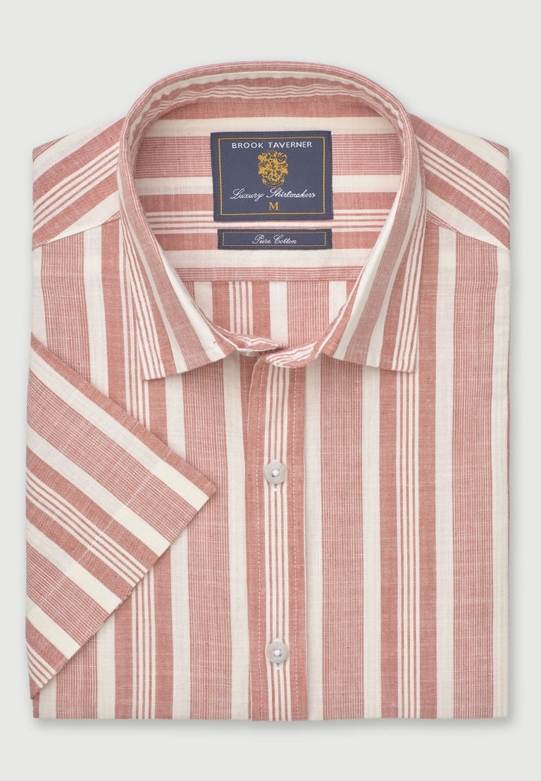 Brook Taverner Peach Cotton Stripe Short Sleeve Shirt