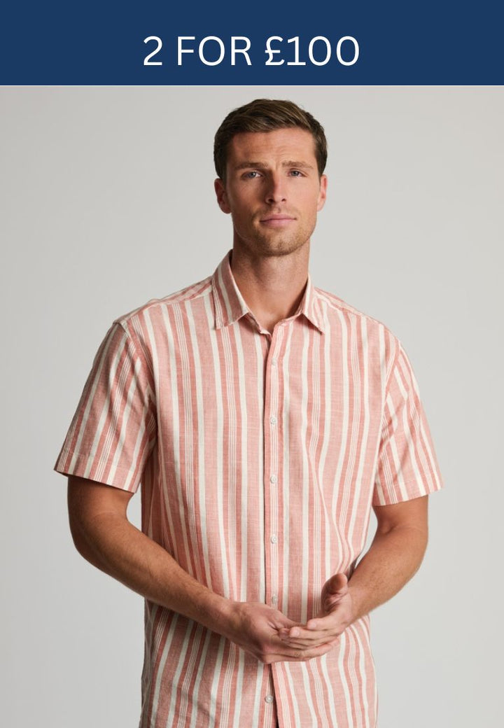 Brook Taverner Peach Cotton Stripe Short Sleeve Shirt