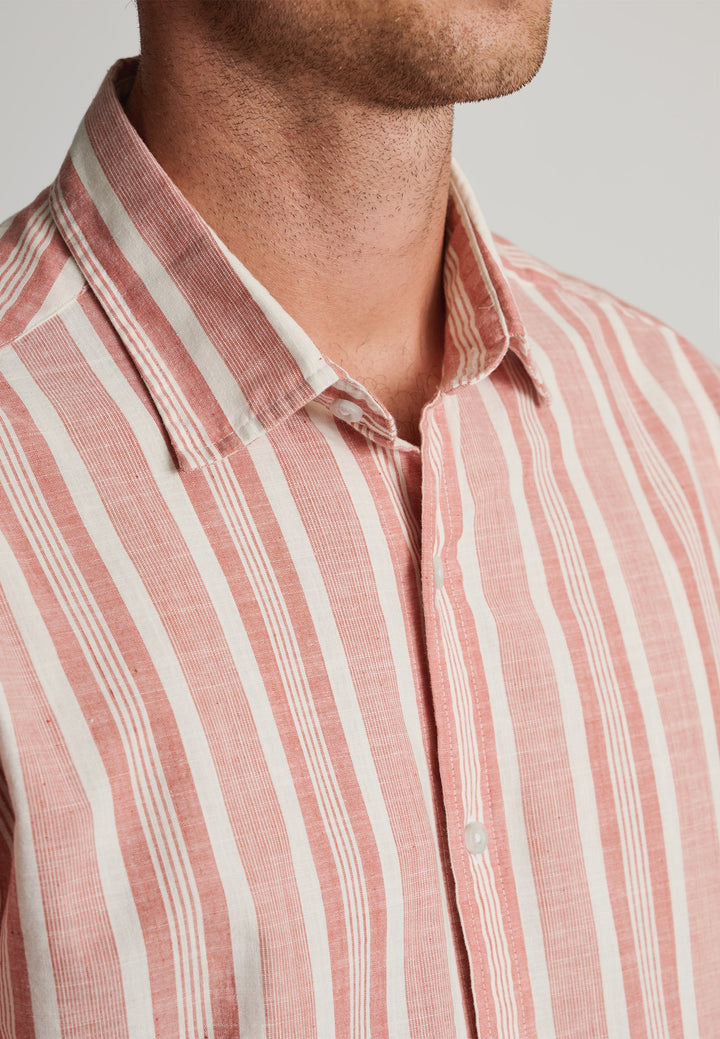 Brook Taverner Peach Cotton Stripe Short Sleeve Shirt