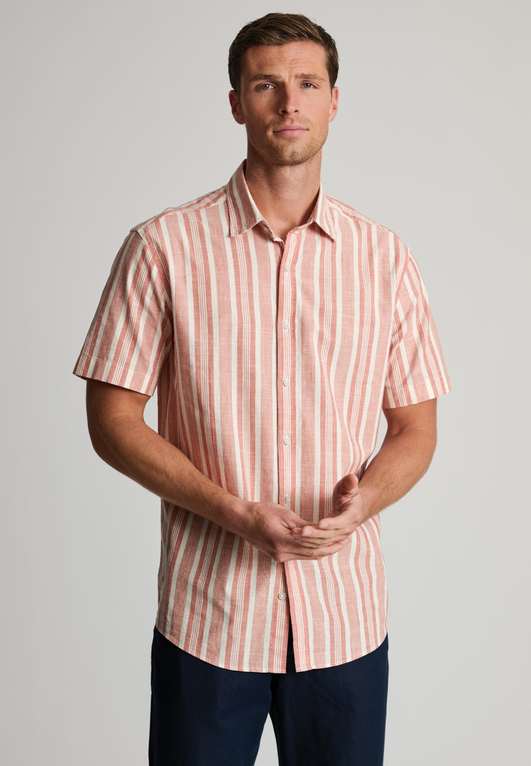 Brook Taverner Peach Cotton Stripe Short Sleeve Shirt