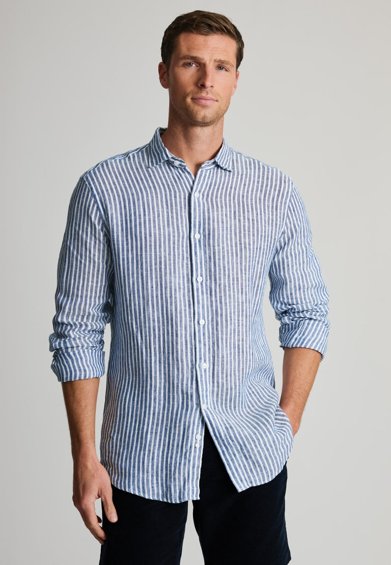 Brook Taverner Regular Fit Dark Blue Stripe Pure Linen Shirt