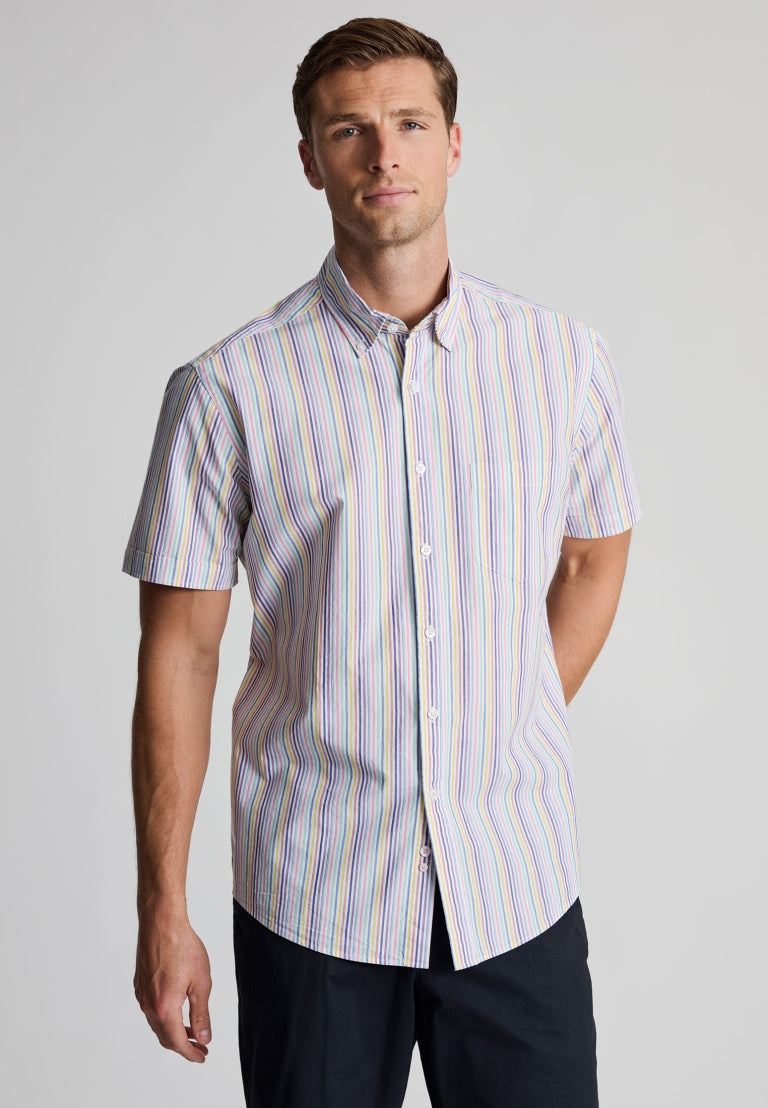 Brook Taverner Regular Fit Multi-Coloured Stripe Portofino Short Sleeve Shirt