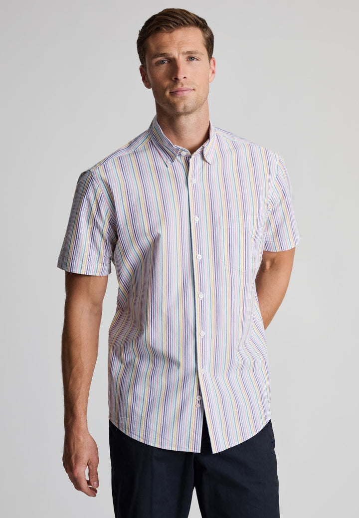 Brook Taverner Regular Fit Multi-Coloured Stripe Portofino Short Sleeve Shirt