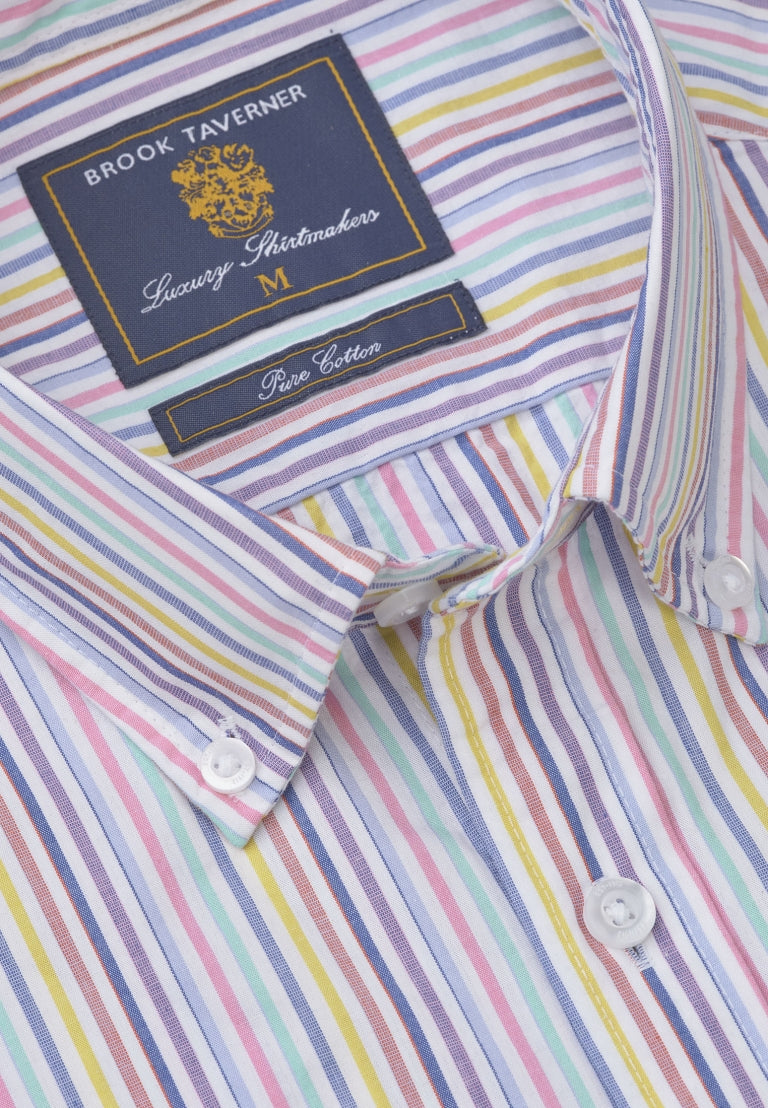 Brook Taverner Regular Fit Multi-Coloured Stripe Portofino Short Sleeve Shirt