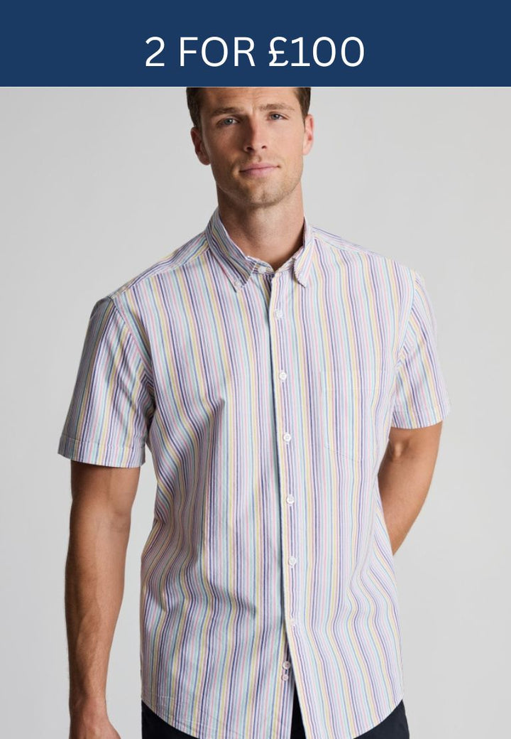 Brook Taverner Regular Fit Multi-Coloured Stripe Portofino Short Sleeve Shirt