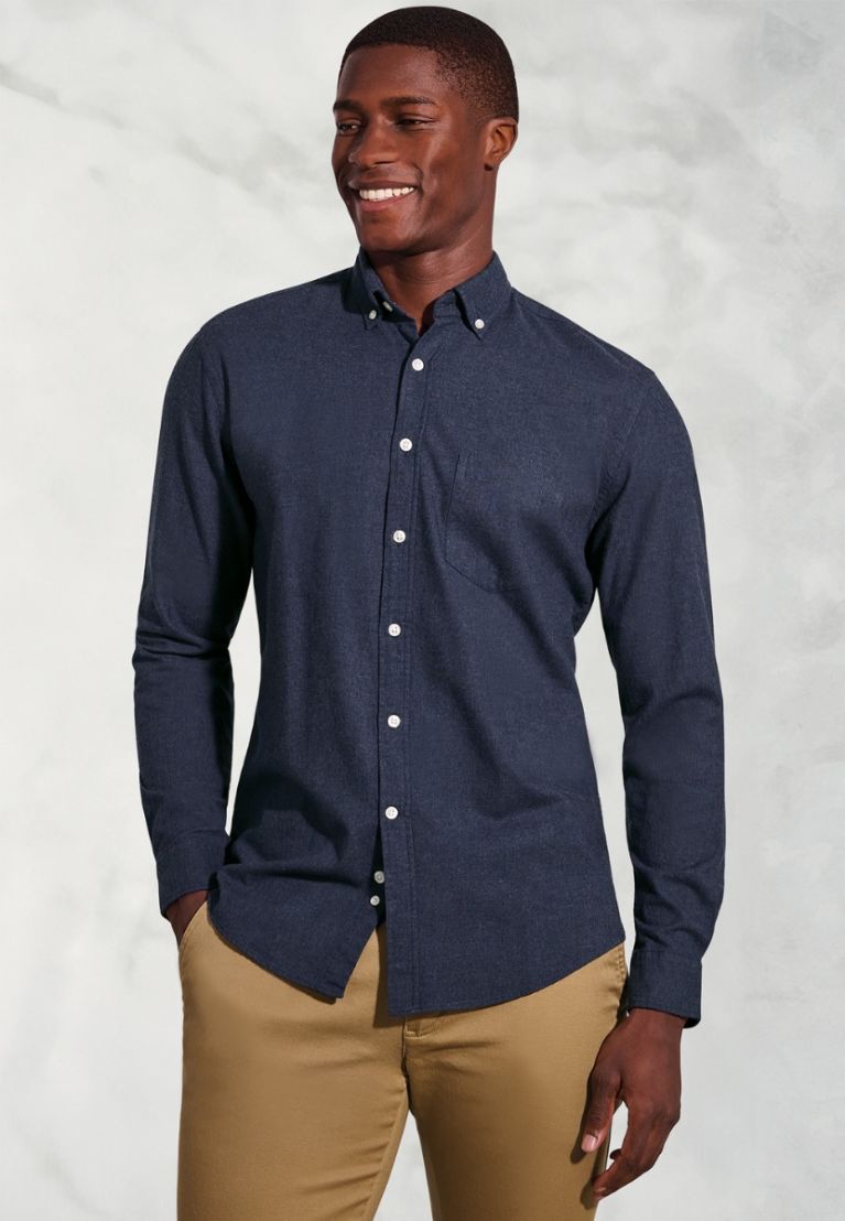 Brook Taverner Regular Fit Navy Melange Brushed Cotton Shirt