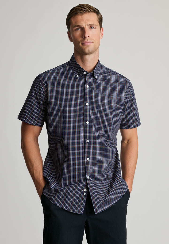 Brook Taverner Regular Fit Navy Multi-Coloured Stripe Portofino Short Sleeve Shirt