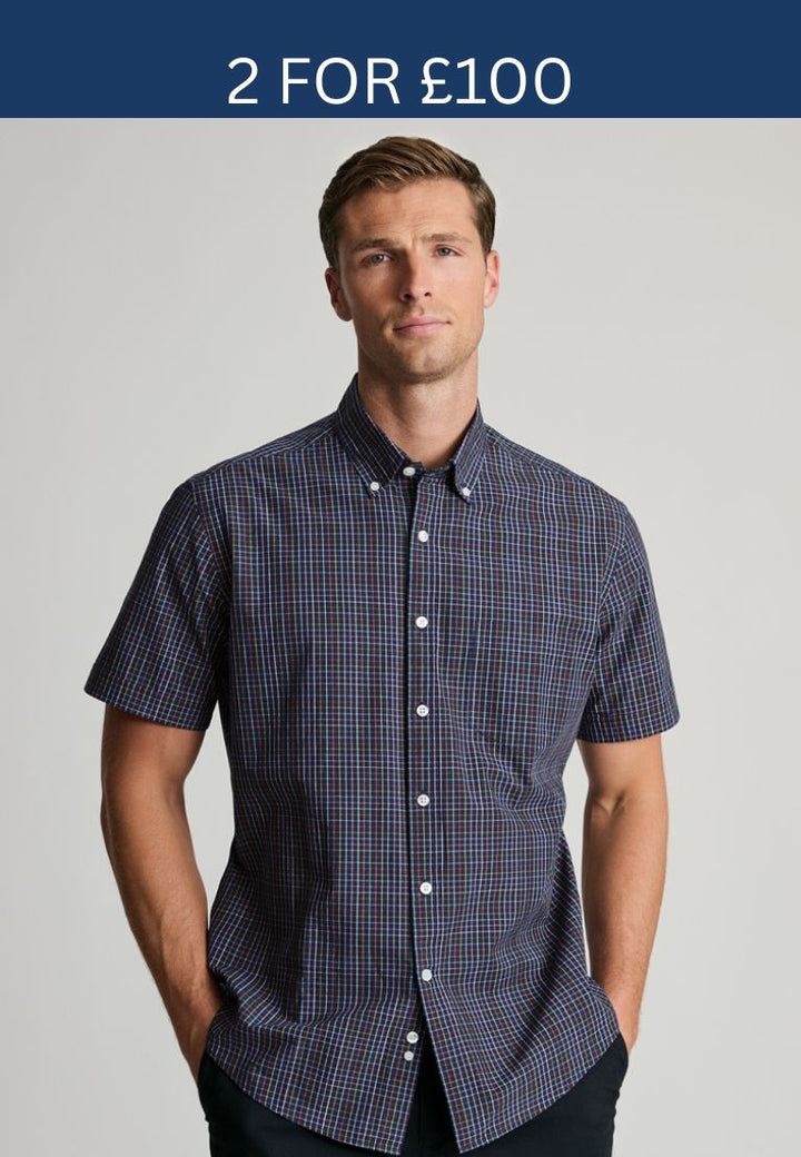 Brook Taverner Regular Fit Navy Multi-Coloured Stripe Portofino Short Sleeve Shirt