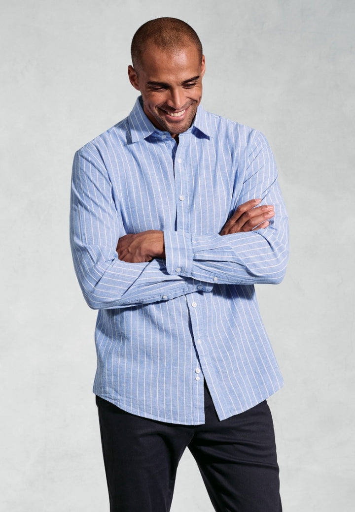 Brook Taverner Regular Fit Sky Blue Stripe Pure Linen Shirt