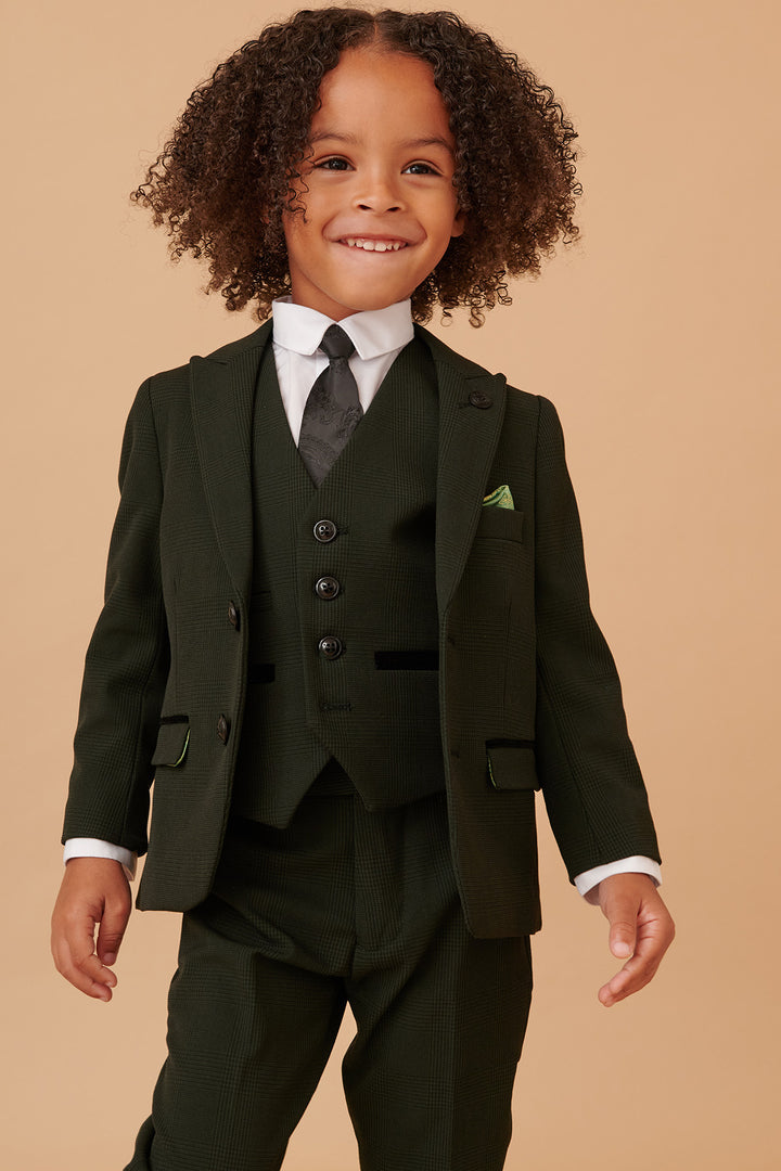 Marc Darcy Bromley Olive Green Check Boys Three Piece Suit