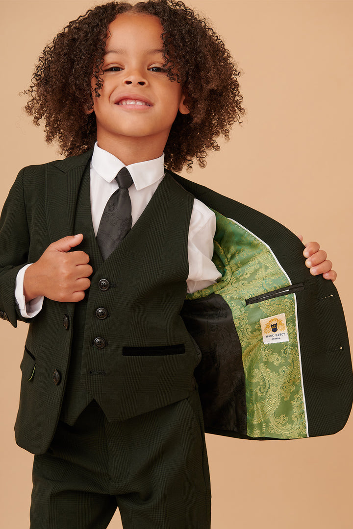 Marc Darcy Bromley Olive Green Check Boys Three Piece Suit