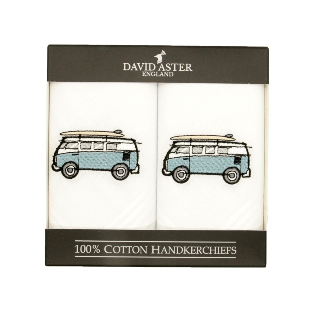 Blue Campervan Embroidered Cotton Handkerchiefs- Two Pack