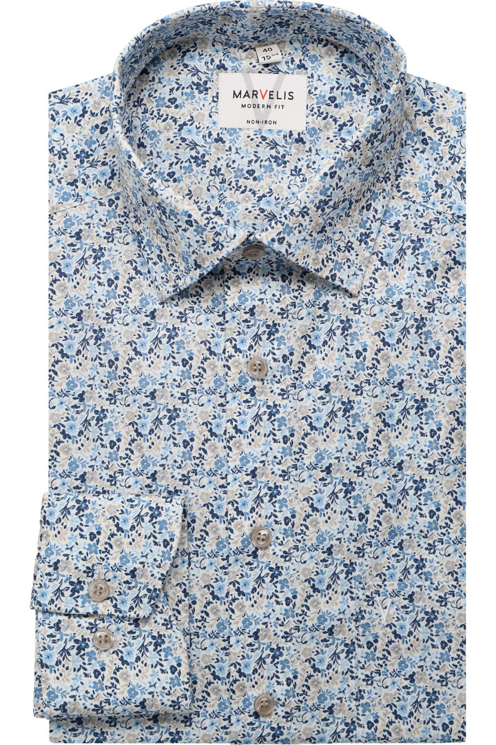Marvelis Modern Fit floral blue Short Sleeve Shirt
