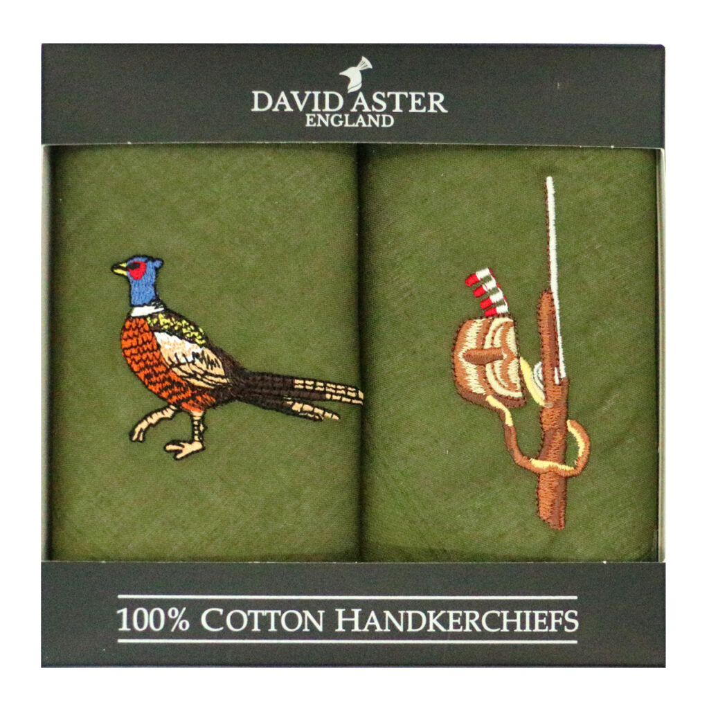 Pheasant Sporting Embroidered Cotton Handkerchiefs- Two Pack