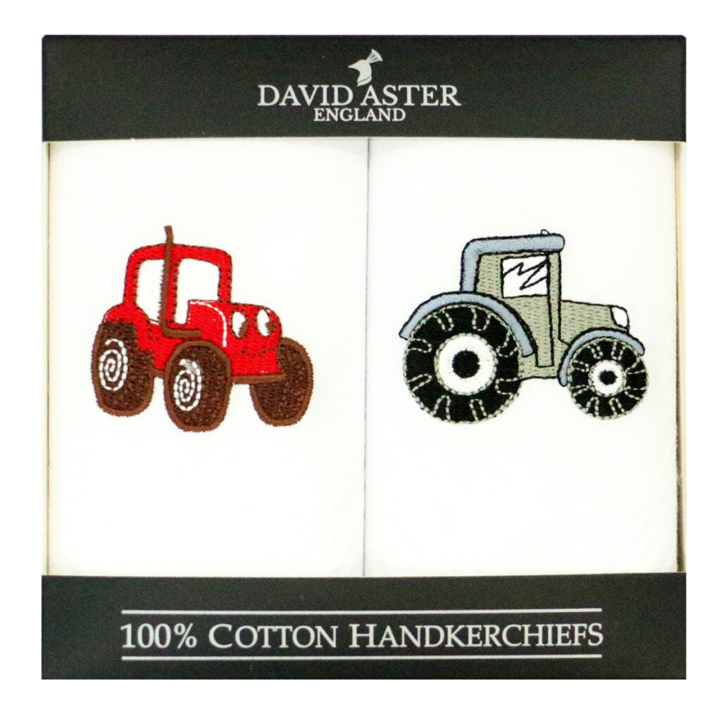 Red & Grey Tractors Embroidered Cotton Handkerchiefs- Two Pack