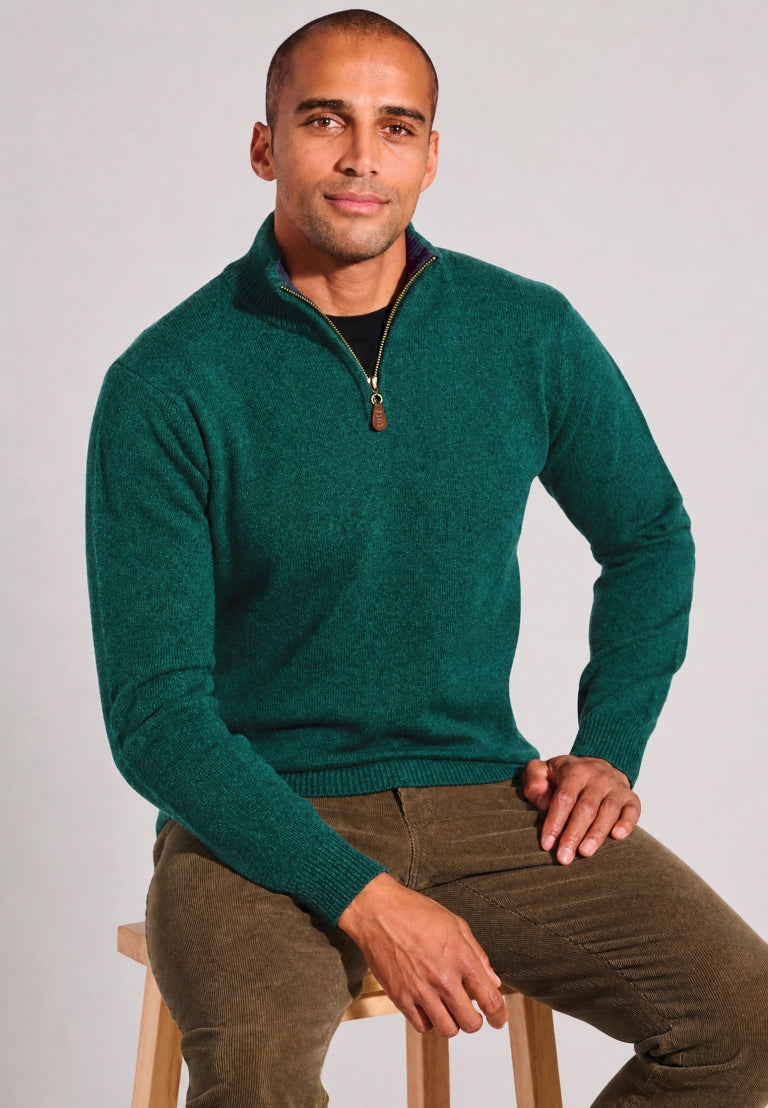 Brook Taverner Rutherford Lambswool Quarter Zip Green Jumper