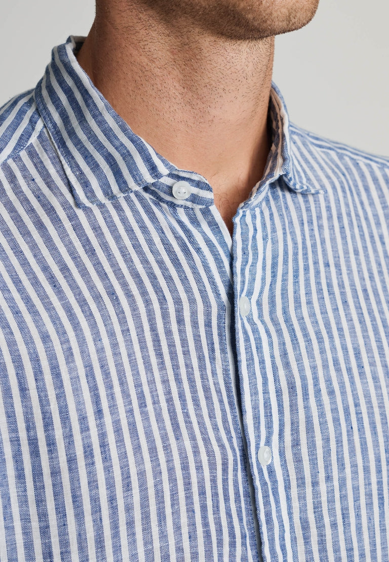 Brook Taverner Regular Fit Dark Blue Stripe Pure Linen Shirt