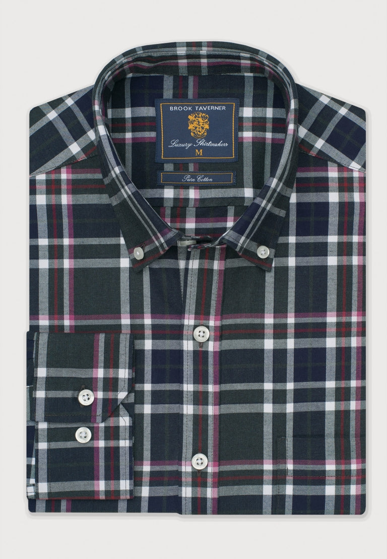 Brook Taverner Dark Green Melange Check Cotton Shirt