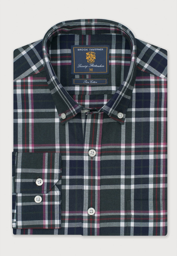 Brook Taverner Dark Green Melange Check Cotton Shirt