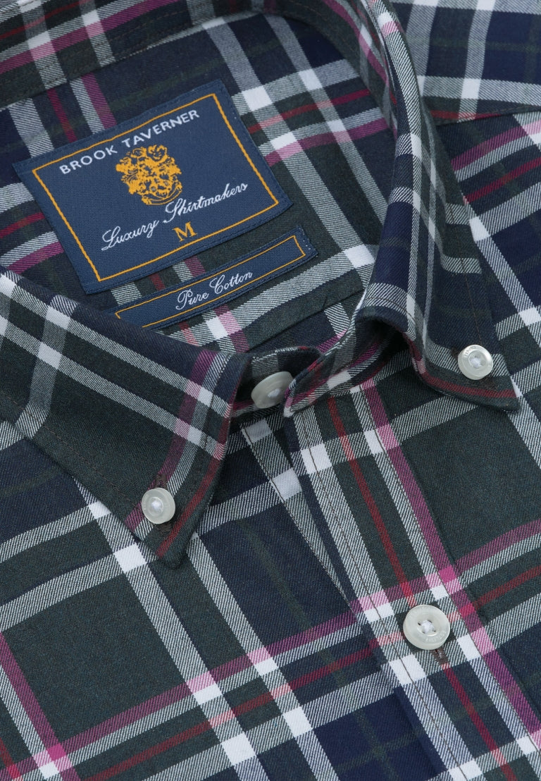 Brook Taverner Dark Green Melange Check Cotton Shirt