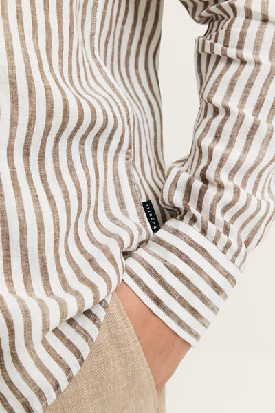 Bugatti Linen Long Sleeve Shirt Brown Stripe