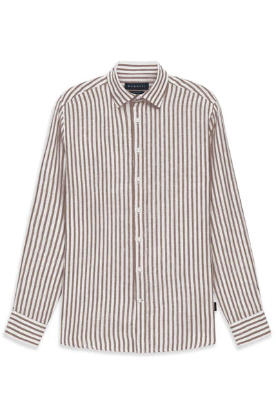Bugatti Linen Long Sleeve Shirt Brown Stripe
