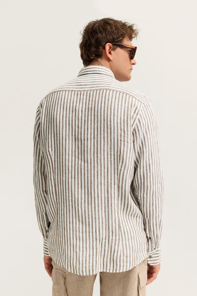 Bugatti Linen Long Sleeve Shirt Brown Stripe