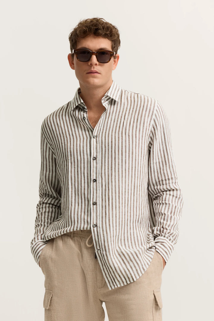 Bugatti Linen Long Sleeve Shirt Brown Stripe
