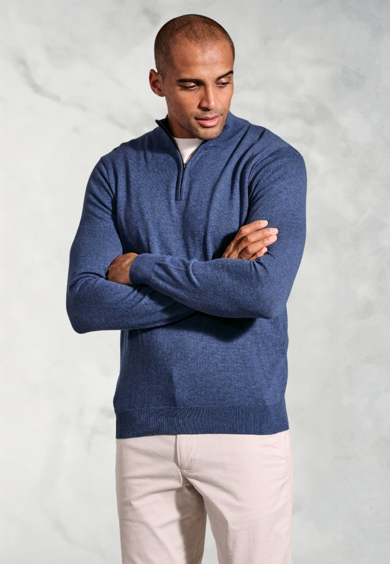 Brook Taverner Copenhagen Denim Blue Cotton Merino Quarter Zip Jumper