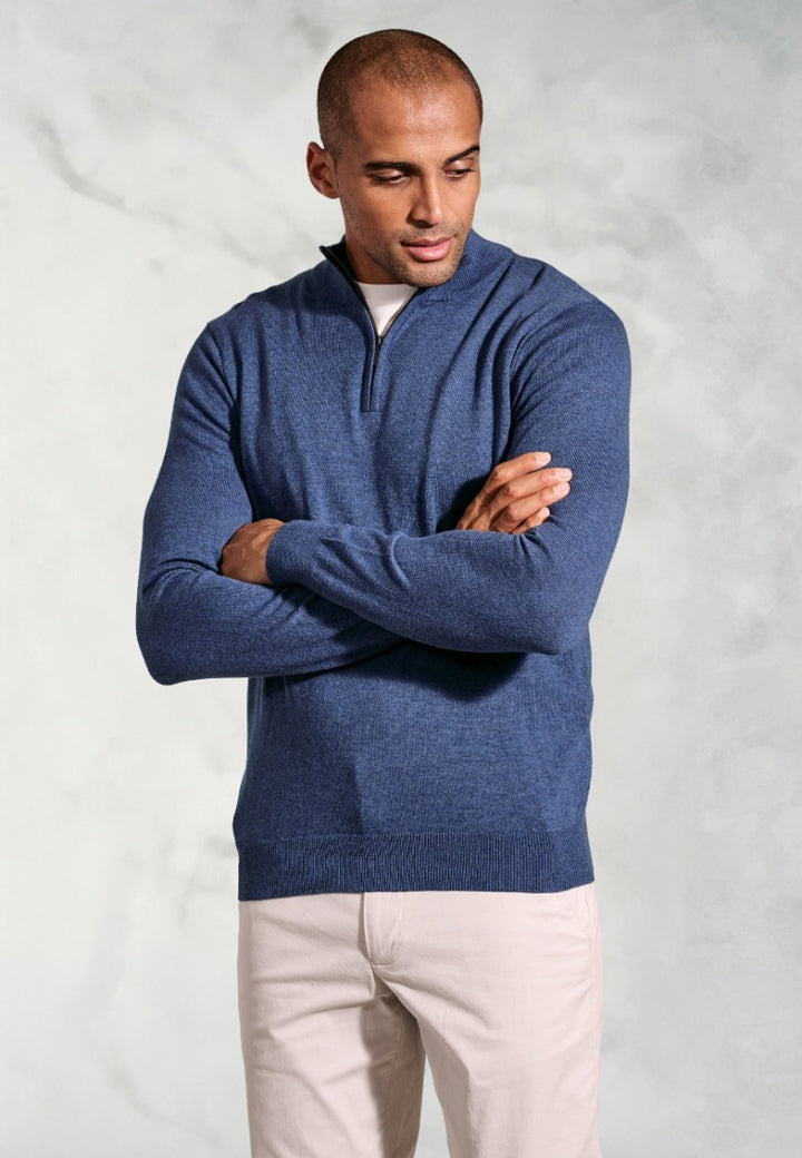 Brook Taverner Copenhagen Denim Blue Cotton Merino Quarter Zip Jumper